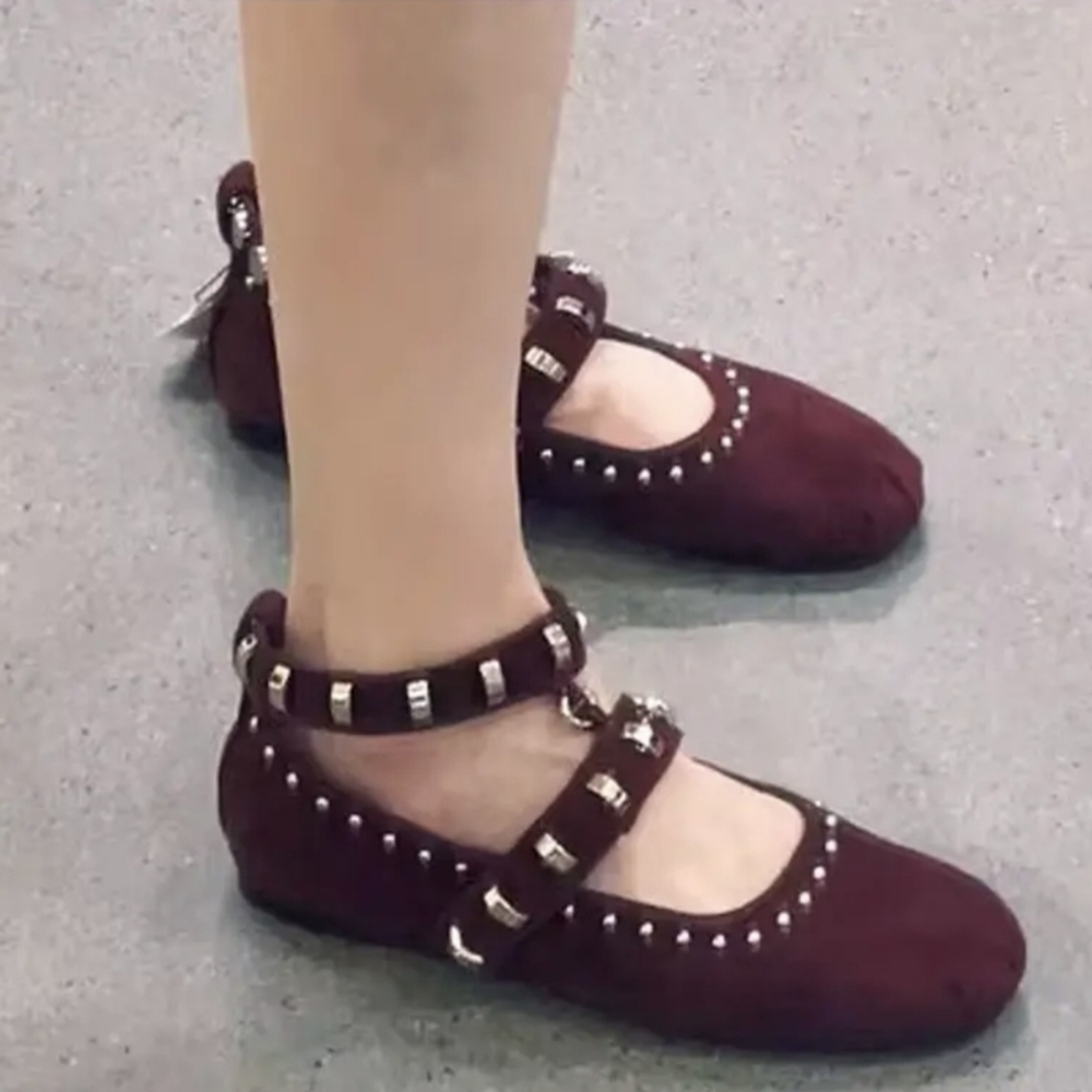 Zara Suede Maroon Studded Ballerina Flats Size 10